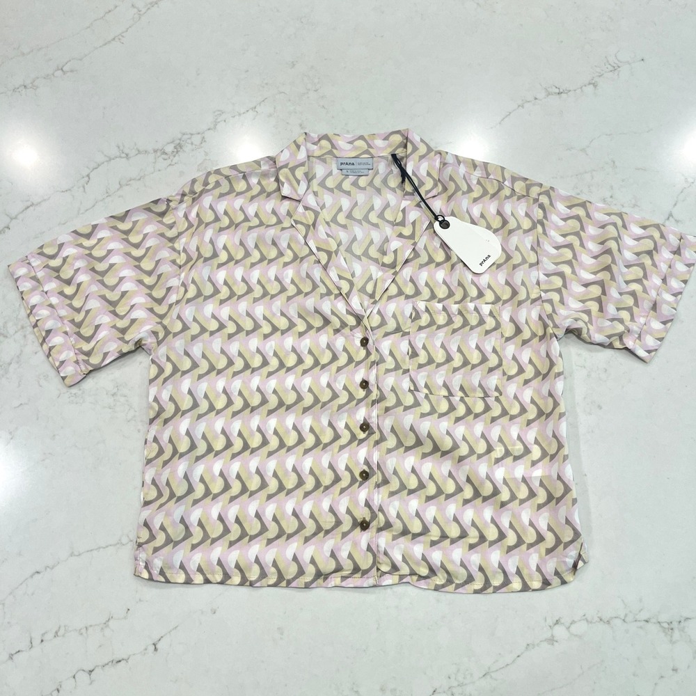 Prana NEW Boxy Top Womens S Retro Geo Pink Tan Eco Tencel Gorpcore Coastal Beach